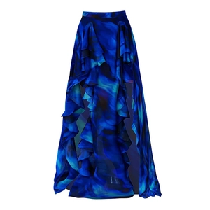Detailansicht der saphirblauen Rüschendetails am High-Waist-Badeanzugrock für Damen