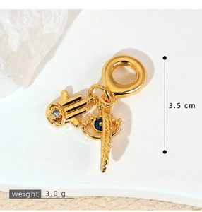 Detail of gold Hamsa Hand, Evil Eye and feather charm pendant with dimensions