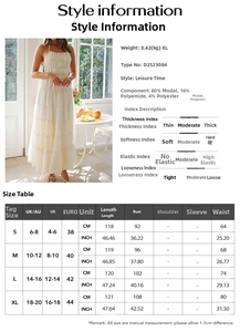 Size chart and fabric material details for the halter neck leisure vacation maxi dress