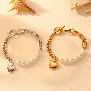 Gold and silver OT buckle pearl bracelets with heart pendant and thick metal chain
