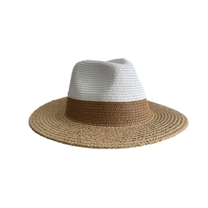 Two-tone raffia straw sun hat with wide brim and elegant British jazz style crown