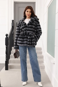 Close-up of gray and black striped faux fur coat with hooded design and matching waist belt
