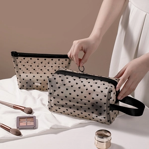 Mesh makeup bag set with flocked heart pattern and handle for travel organization
