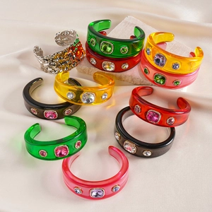 Retro geometric resin open bangles with rhinestones in multiple vibrant colors