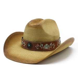 Chapeau de cowboy classique en paille avec broderie florale et détail de perle turquoise