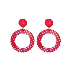 Vintage red resin hoop earrings with white polka dots and round geometric stud design