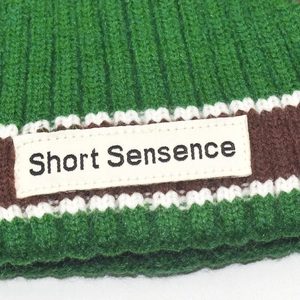 Detail of green ribbed knit beanie featuring Short Sensence woven patch and striped hem
