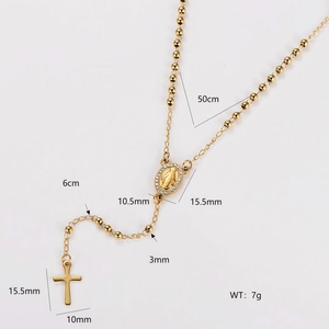 Gold stainless steel cross and Virgin Mary oval pendant necklace with sizing dimensions