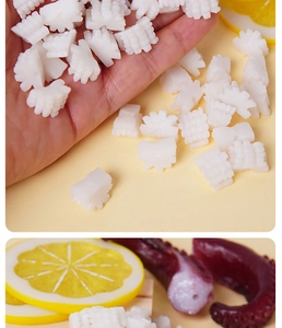 Macro view of realistic PVC miniature squid pieces with carved textures for DIY food play