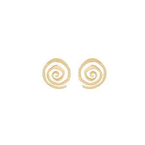 Close-up of triple-layer spiral gold earrings with a polished metallic finish