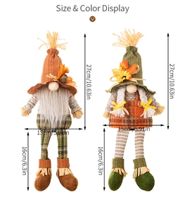 Size display of harvest gnome dolls with maple leaf decorations and plaid clothing