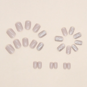 Short press-on nails set in mauve purple with glitter and glossy finish 24pcs