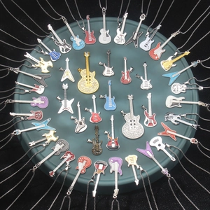 Guitar Pendant Necklace Stainless Steel Chain Alloy Enamel Rhinestone Rock Music Jewelry Note Jazz Bass Instrument Shape