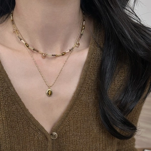 Double Layered Necklace Gold Plated Copper With Oval Tiger Eye Stone Pendant Beaded Chain Retro Jewelry For Women