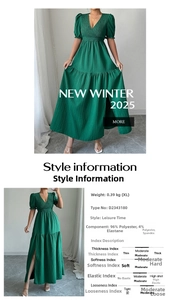 Détails d'une robe verte à col en V avec manches bouffantes et jupe fendue à volants
