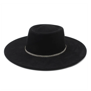Classic black wide-brim fedora hat with elegant silver rhinestone band decoration