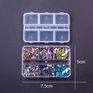 Nail art decoration kit in a 6-grid transparent box featuring mixed butterfly charms
