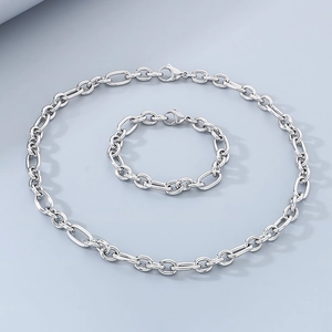 Macro view of polished 9mm stainless steel chain necklace and matching bracelet set