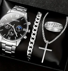 Close-up of men's luxury silver watch with Roman numerals and matching jewelry set