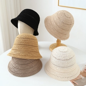 Breathable hollow knit bucket hats for women in black beige and khaki earth tones