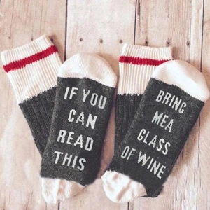 Knit cotton socks with 'If you can read this, bring me a glass of wine' text
