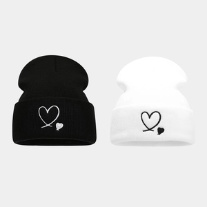 Knitted Beanie Hat Acrylic Heart Embroidery Warm Windproof Winter Outdoor Casual Style For Couple