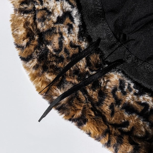 Faux rabbit fur leopard bucket hat with rib knit trim and adjustable satin drawstrings
