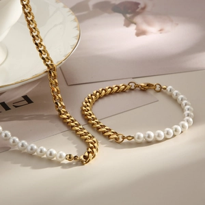 Elegant gold Cuban chain and white pearl necklace and bracelet set for women