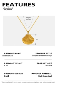 Detail of gold seashell necklace in stainless steel with 40+5cm chain size specs