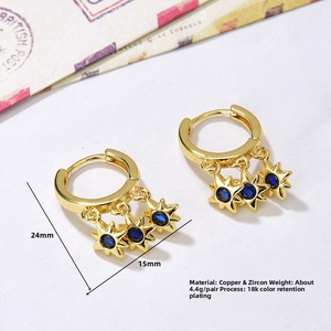 Detailed view of 18K gold plated hoop earrings with blue zircon star charms and dimensions