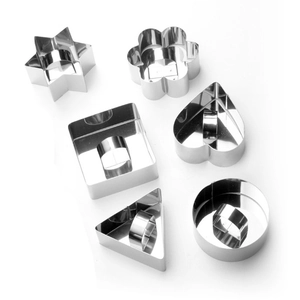 6-piece stainless steel mousse ring set with push plates in assorted geometric shapes
