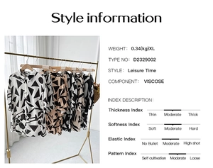 Size chart and detail view of a black and white geometric print viscose shirt