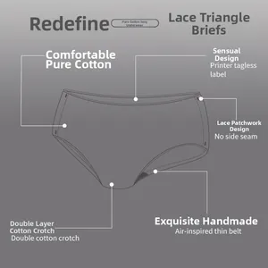 Detailed view of women's black cotton panties with lace trim and double-layer lining