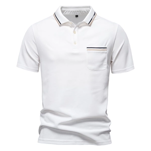 Men Short Sleeve Polo Shirt Breathable Pique Fabric Stripe Trim Collar Business Casual Fashion Regular Fit Apparel