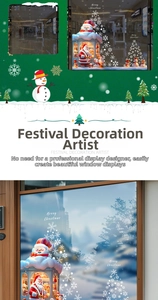 Detailed Christmas window stickers featuring Santa, snowman, and tree for holiday decor