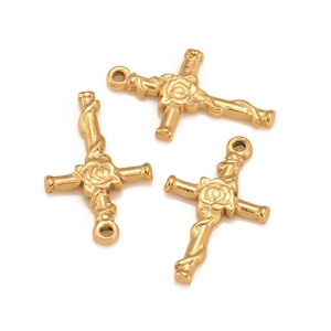 Rose Flower Cross Pendant Charm 304 Stainless Steel Vacuum Plated Retro Gothic Hip Hop For DIY Necklace Jewelry Making