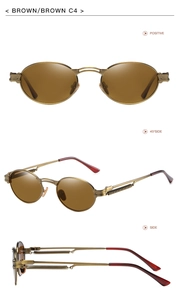 Multiple views of vintage steampunk metal sunglasses with brown lenses and spring temples