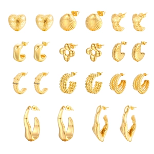 Vintage C-Shaped Stainless Steel Hoop Earrings For Women Geometric Irregular Textured Gold Silver Rhinestone Stud Earrings Jewelry