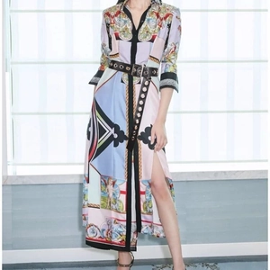 Women's baroque print shirt dress with a wide black belt and metal square buckle