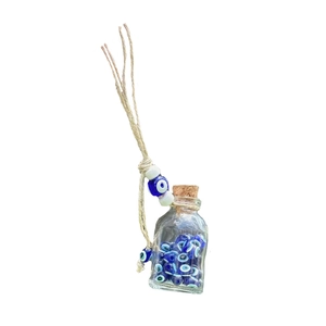 Blue evil eye lucky charm glass wishing bottle with jute rope for car and home decor