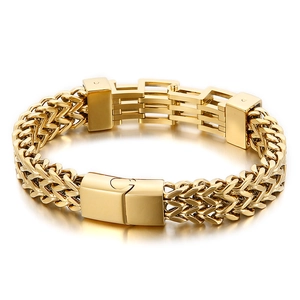 Polished gold double-row wheat chain men's titanium steel bracelet with magnetic clasp