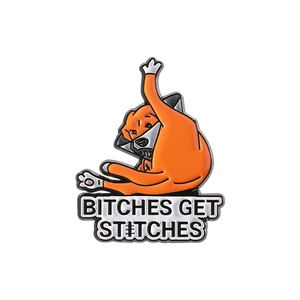 Funny orange dog enamel pin wearing a cone collar on a clean white background