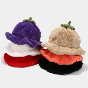 Japanese Style Cute Faux Fur Fruit Bucket Hat For Women Winter Warm Plush Pumpkin Basin Hat Sprout Decor Sunshade Cap