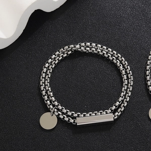 Double-layer stainless steel box chain bracelet with round charm and rectangular tube link