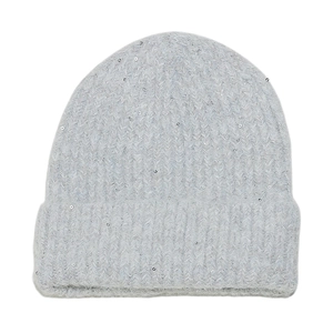 Detailed texture of light grey wool blend knit hat with shiny silver sequins