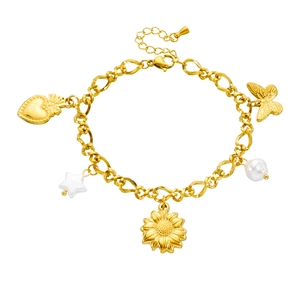 Gold-plated stainless steel charm bracelet featuring heart, star, butterfly and shell charms