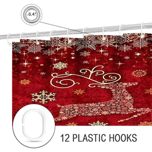 Detailed view of Christmas shower curtain with 12 plastic hooks and 0.4 inch metal grommets