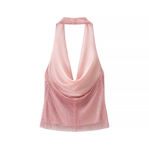 Pink sequin cowl neck halter top for women featuring backless design and slim fit style