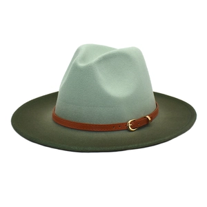Detail of two-tone wool fedora showing mint crown and olive brim with leather strap