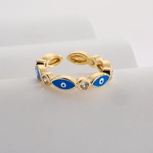 18K gold plated evil eye open ring with blue enamel and sparkling zircon stones